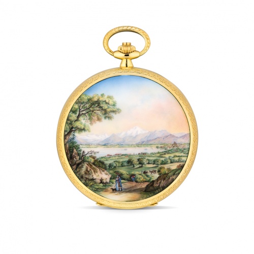 A unique Patek Philippe hunter pocket watch with enamel miniature, painted by Suzanne Rohr after a painting by Jean-Baptise Arnout (1788-1865)